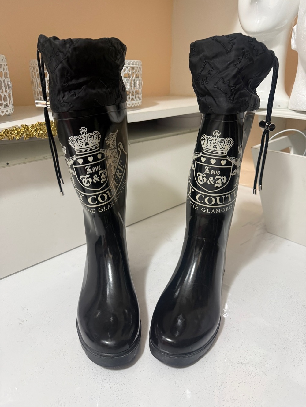 Juicy Couture Black Glossy Logo Rain Boots with Drawstring Shaft
